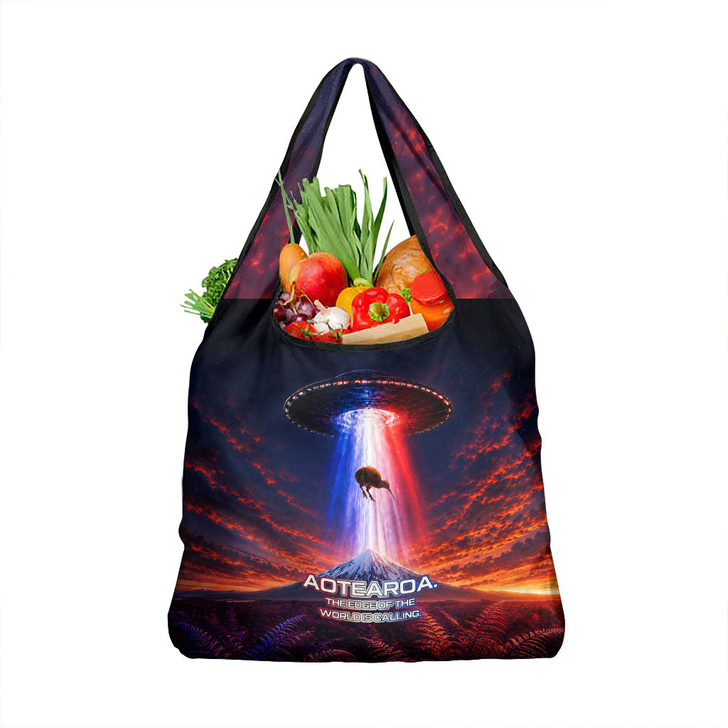 New Zealand Aotearoa Kiwi UFO Grocery Bag Sci-Fi Galaxy Sunset Sky Tower And Mountain TS04 1-pack One Size Blue Red - Polynesian Pride