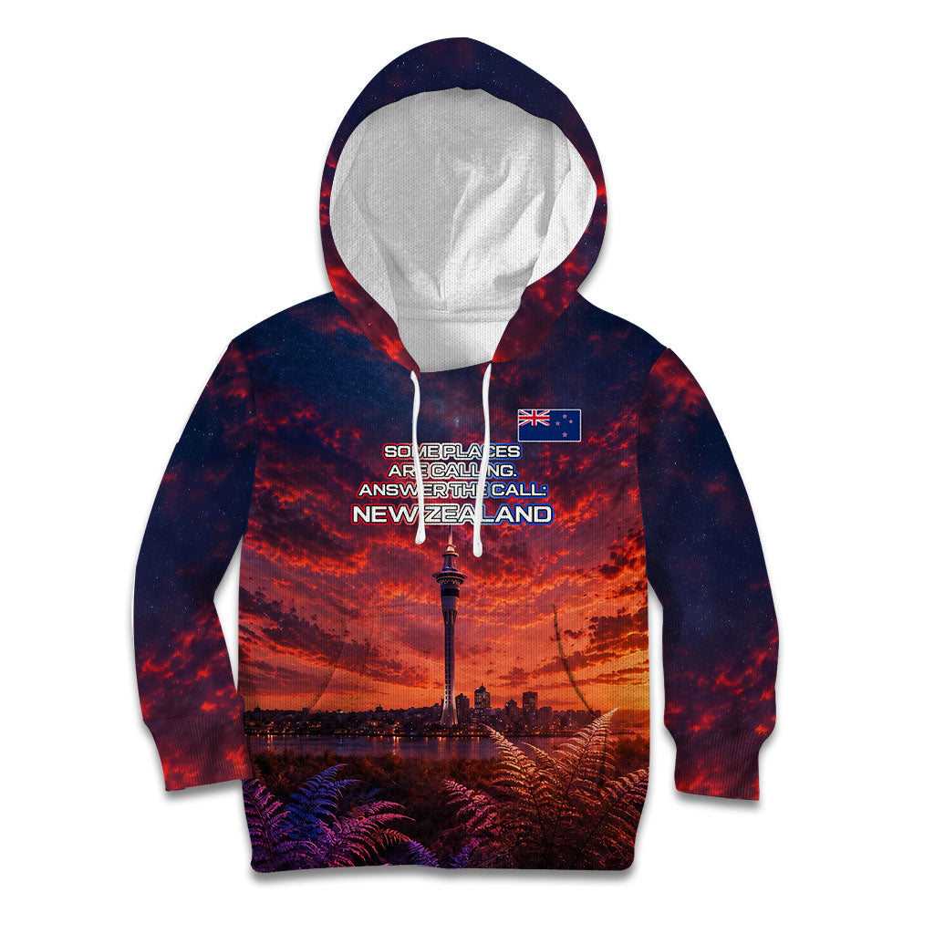 New Zealand Aotearoa Kiwi UFO Kid Hoodie Sci-Fi Galaxy Sunset Sky Tower And Mountain TS04 Hoodie Blue Red - Polynesian Pride