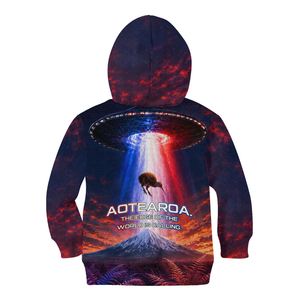 New Zealand Aotearoa Kiwi UFO Kid Hoodie Sci-Fi Galaxy Sunset Sky Tower And Mountain TS04 - Polynesian Pride