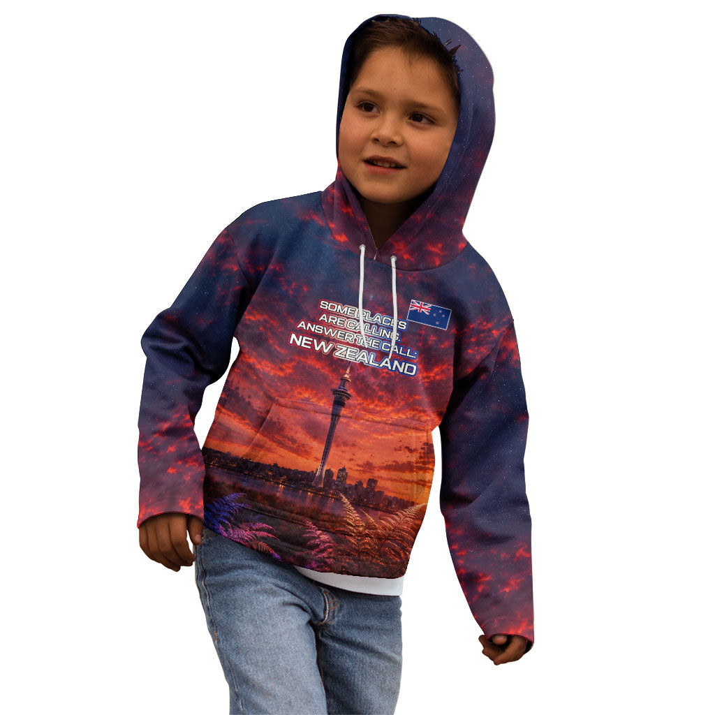 New Zealand Aotearoa Kiwi UFO Kid Hoodie Sci-Fi Galaxy Sunset Sky Tower And Mountain TS04 - Polynesian Pride