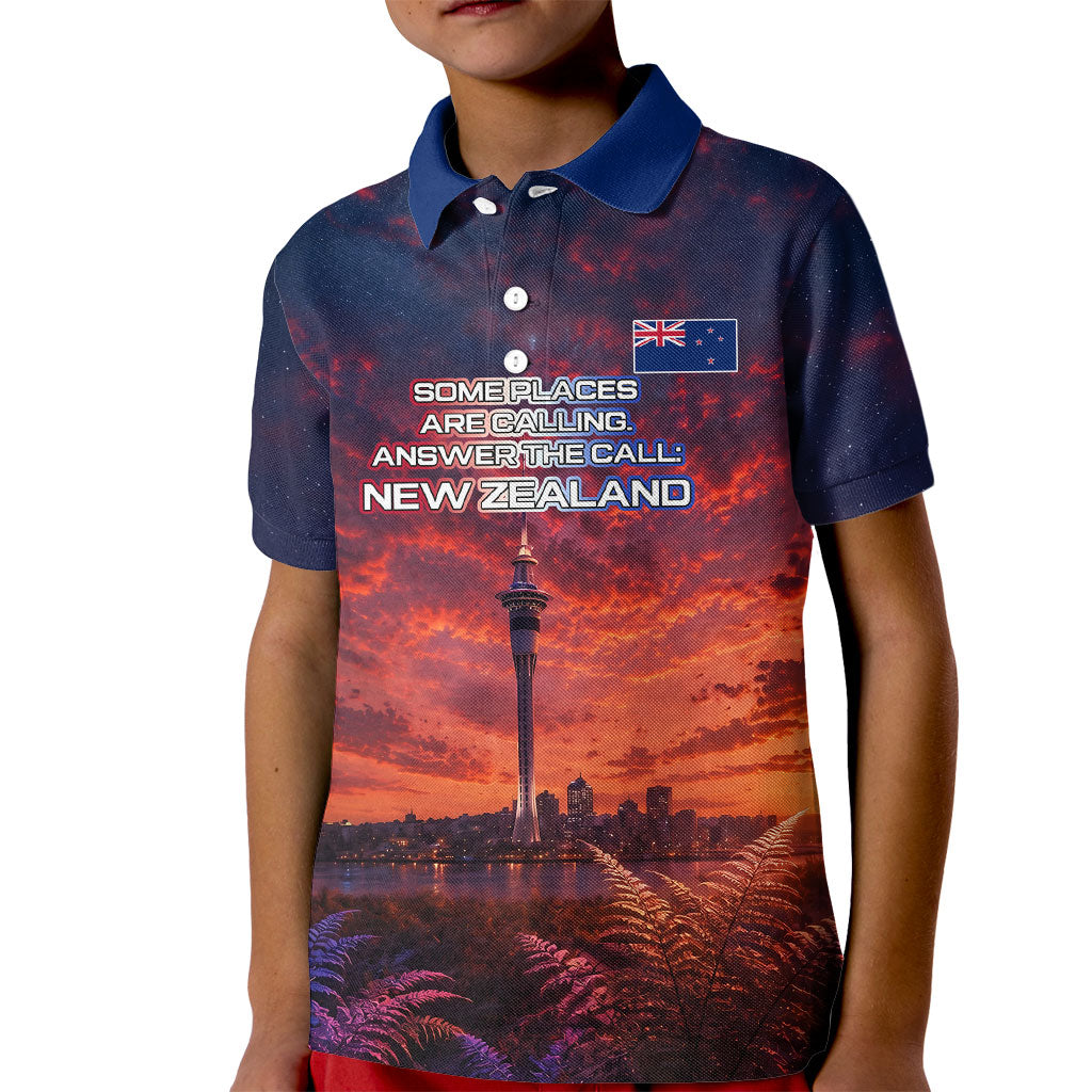 New Zealand Aotearoa Kiwi UFO Kid Polo Shirt Sci-Fi Galaxy Sunset Sky Tower And Mountain TS04 Kid Blue Red - Polynesian Pride