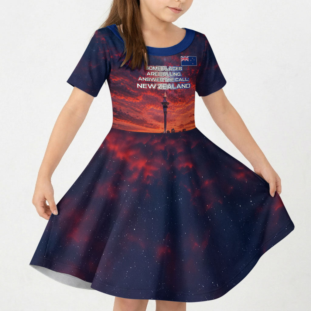 New Zealand Aotearoa Kiwi UFO Kid Short Sleeve Dress Sci-Fi Galaxy Sunset Sky Tower And Mountain TS04 KID Blue Red - Polynesian Pride