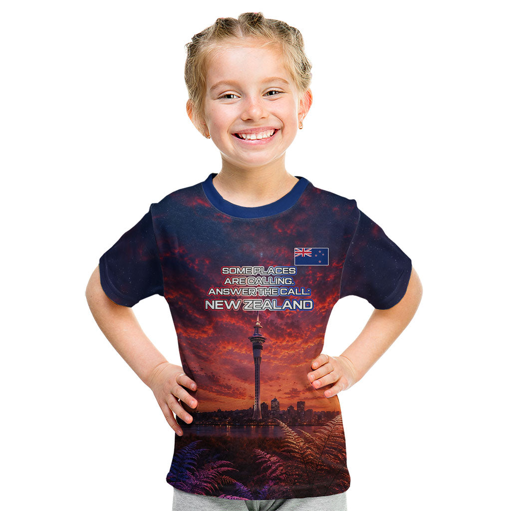 New Zealand Aotearoa Kiwi UFO Kid T Shirt Sci-Fi Galaxy Sunset Sky Tower And Mountain TS04 Blue Red - Polynesian Pride