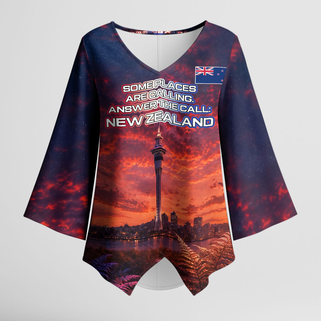 New Zealand Aotearoa Kiwi UFO Kimono Sleeve Blouse Sci-Fi Galaxy Sunset Sky Tower And Mountain TS04 Female Blue Red - Polynesian Pride