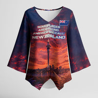 New Zealand Aotearoa Kiwi UFO Kimono Sleeve Blouse Sci-Fi Galaxy Sunset Sky Tower And Mountain TS04 Female Blue Red - Polynesian Pride