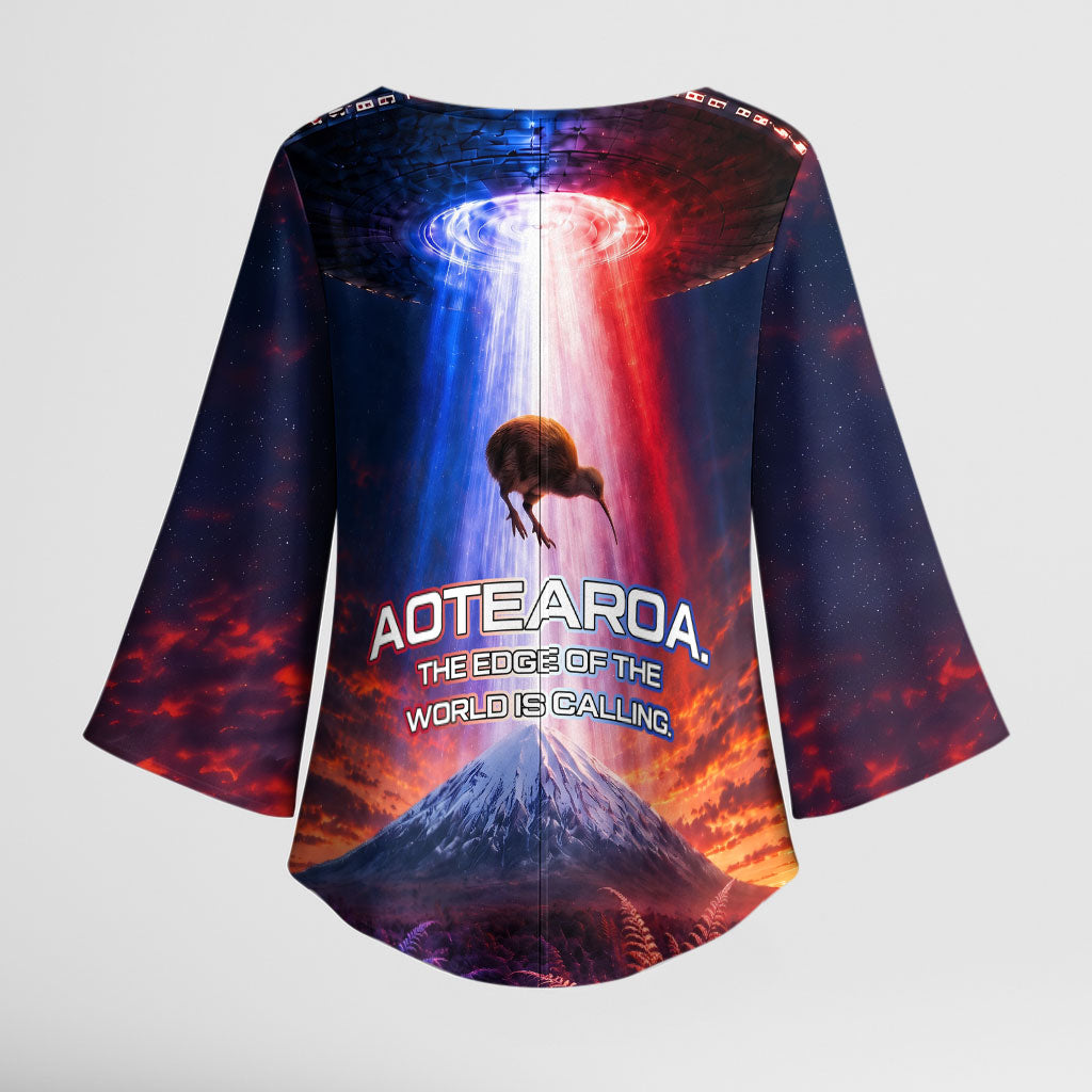New Zealand Aotearoa Kiwi UFO Kimono Sleeve Blouse Sci-Fi Galaxy Sunset Sky Tower And Mountain TS04 - Polynesian Pride