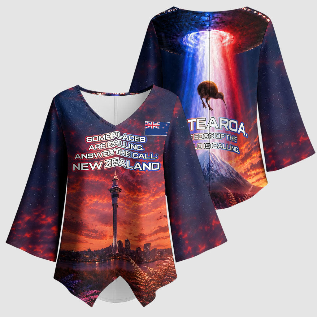 New Zealand Aotearoa Kiwi UFO Kimono Sleeve Blouse Sci-Fi Galaxy Sunset Sky Tower And Mountain TS04 - Polynesian Pride