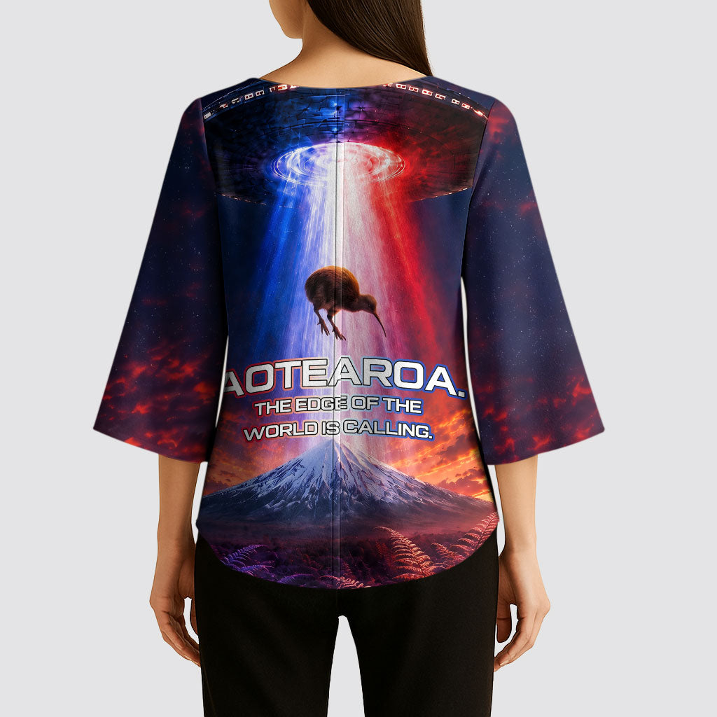 New Zealand Aotearoa Kiwi UFO Kimono Sleeve Blouse Sci-Fi Galaxy Sunset Sky Tower And Mountain TS04 - Polynesian Pride