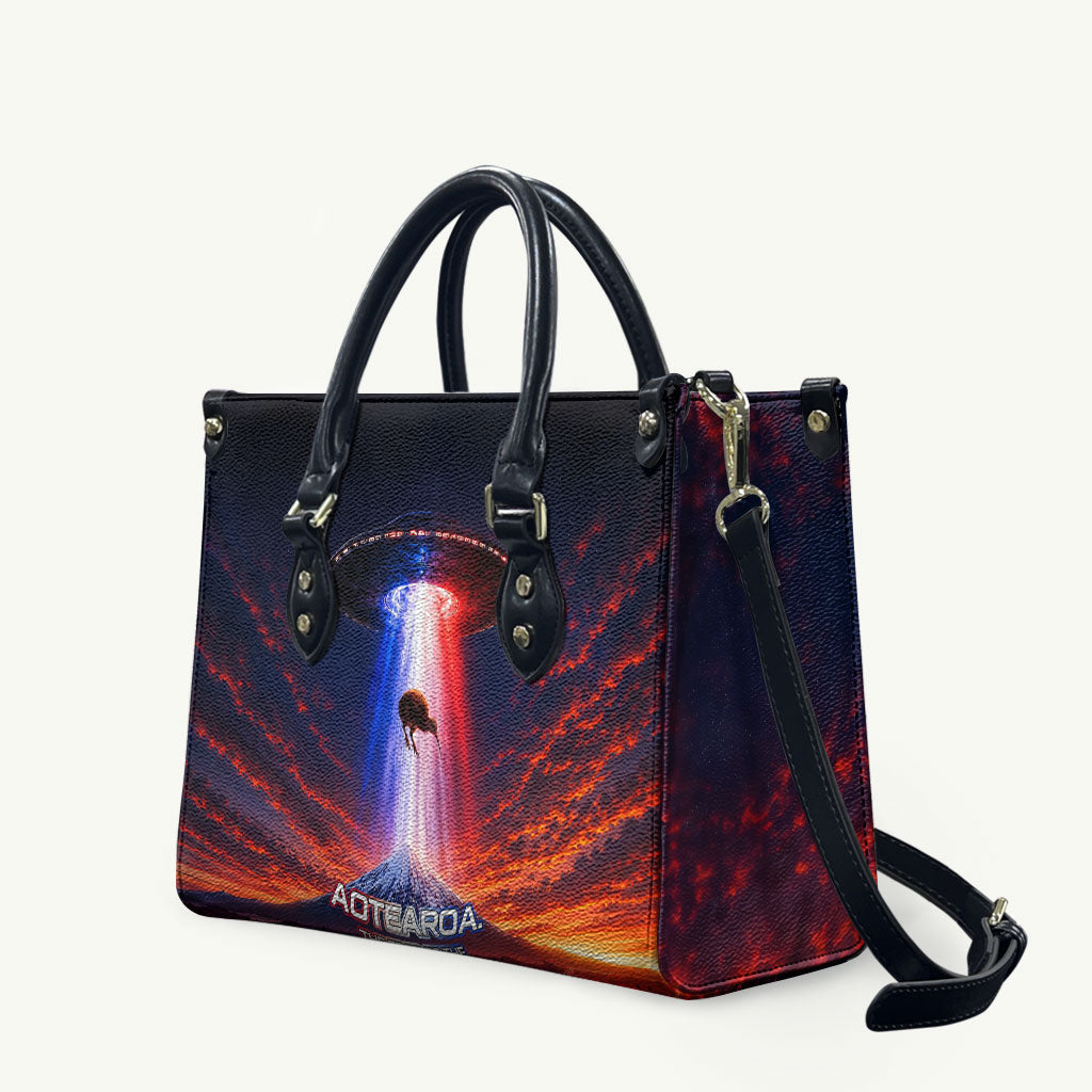 New Zealand Aotearoa Kiwi UFO Leather Bag Sci-Fi Galaxy Sunset Sky Tower And Mountain TS04 Blue Red - Polynesian Pride
