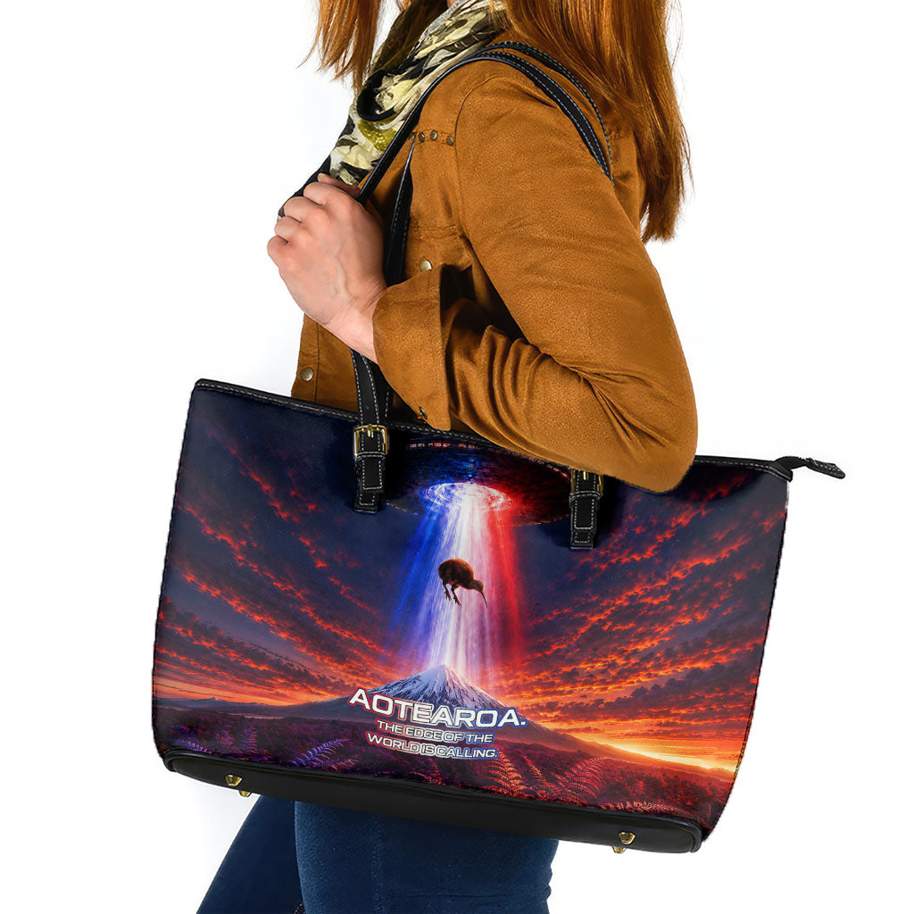 New Zealand Aotearoa Kiwi UFO Leather Tote Bag Sci-Fi Galaxy Sunset Sky Tower And Mountain TS04 Blue Red - Polynesian Pride