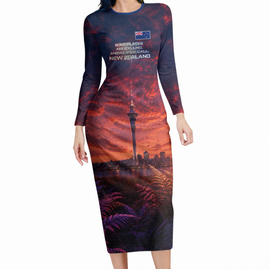 New Zealand Aotearoa Kiwi UFO Long Sleeve Bodycon Dress Sci-Fi Galaxy Sunset Sky Tower And Mountain TS04 Long Dress Blue Red - Polynesian Pride