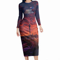 New Zealand Aotearoa Kiwi UFO Long Sleeve Bodycon Dress Sci-Fi Galaxy Sunset Sky Tower And Mountain TS04 Long Dress Blue Red - Polynesian Pride