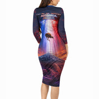 New Zealand Aotearoa Kiwi UFO Long Sleeve Bodycon Dress Sci-Fi Galaxy Sunset Sky Tower And Mountain TS04 - Polynesian Pride