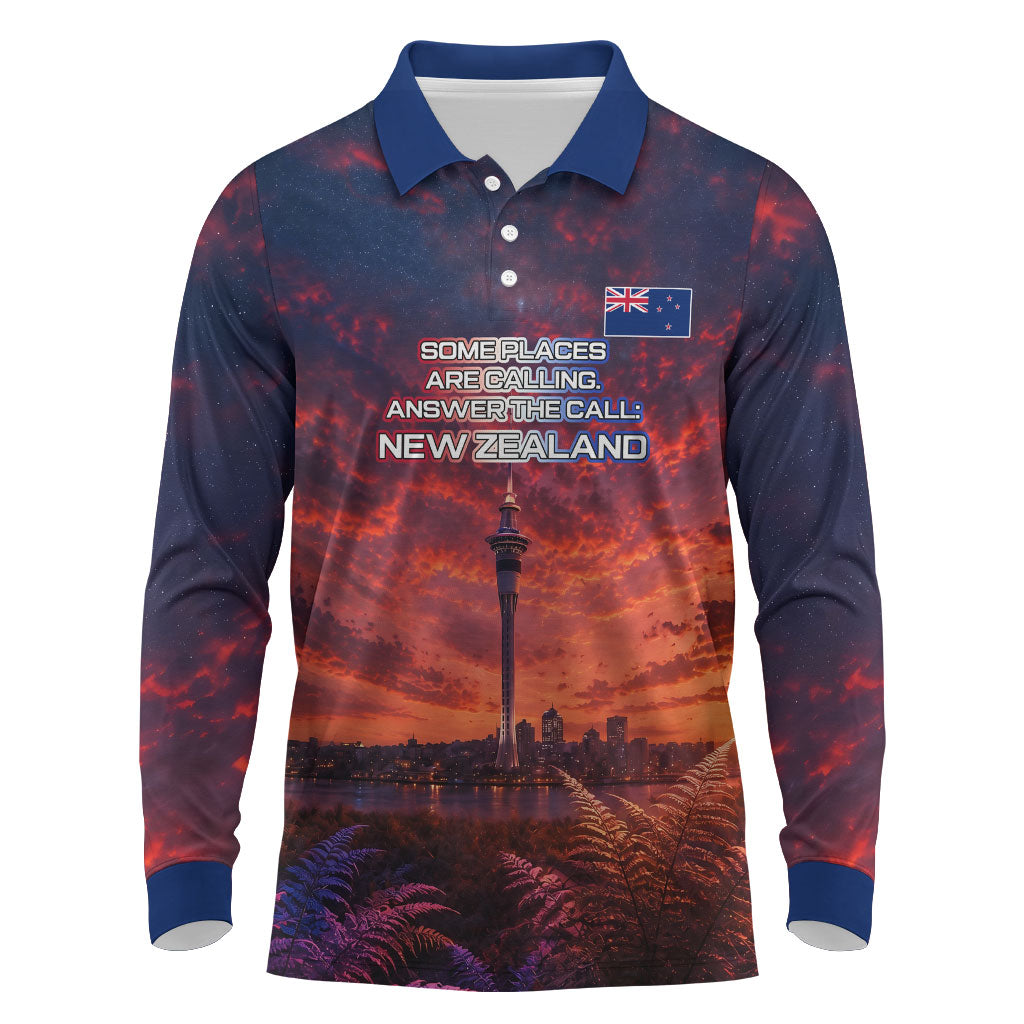 New Zealand Aotearoa Kiwi UFO Long Sleeve Polo Shirt Sci-Fi Galaxy Sunset Sky Tower And Mountain TS04 Blue Red - Polynesian Pride