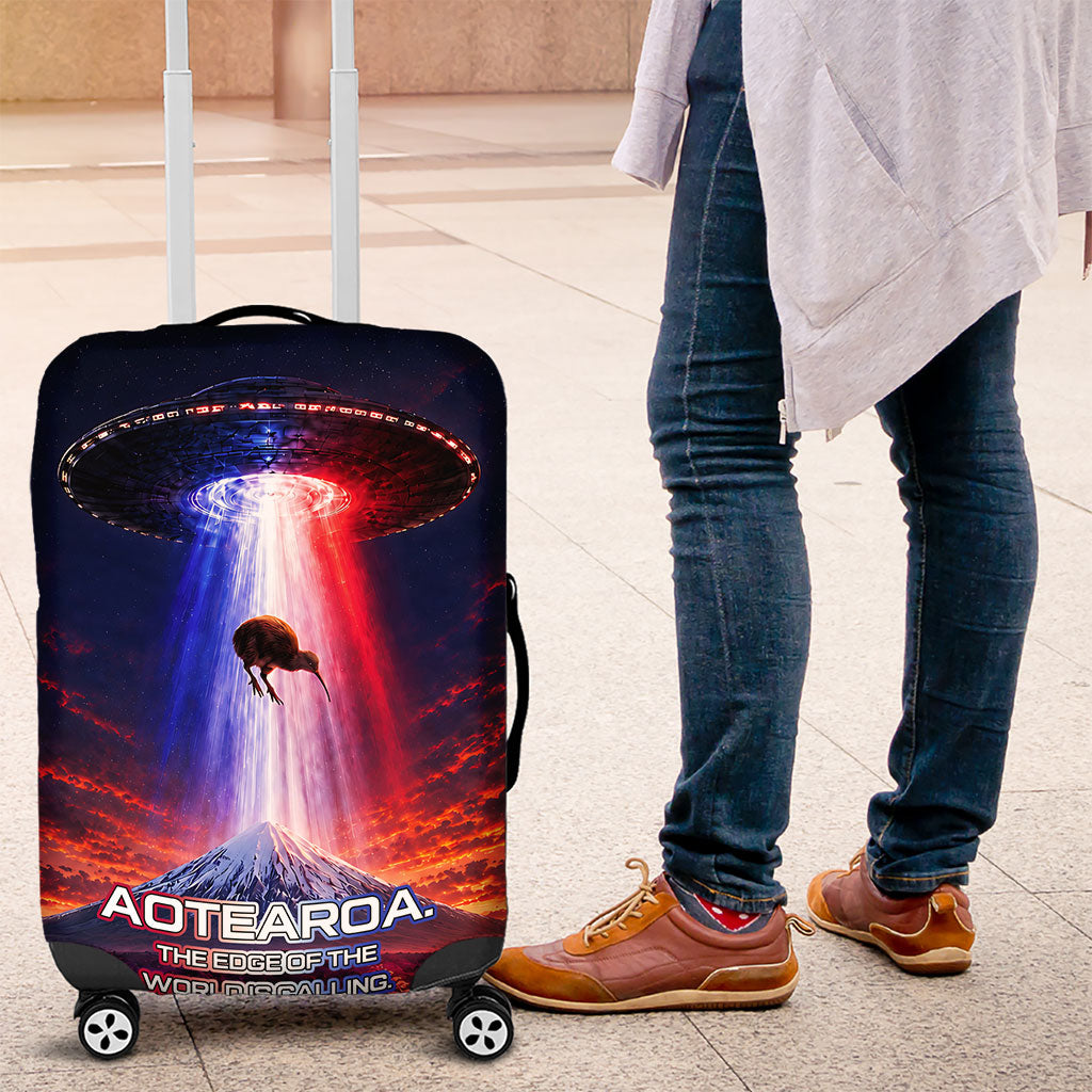 New Zealand Aotearoa Kiwi UFO Luggage Cover Sci-Fi Galaxy Sunset Sky Tower And Mountain TS04 Blue Red - Polynesian Pride
