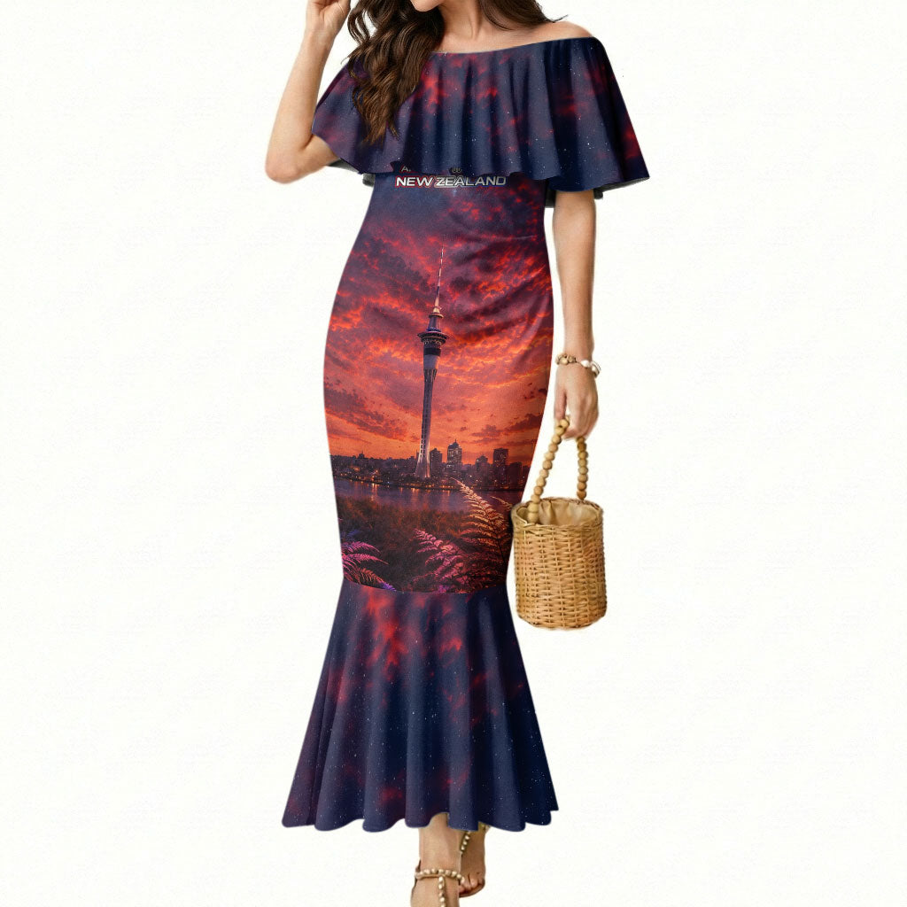 New Zealand Aotearoa Kiwi UFO Mermaid Dress Sci-Fi Galaxy Sunset Sky Tower And Mountain TS04 Women Blue Red - Polynesian Pride