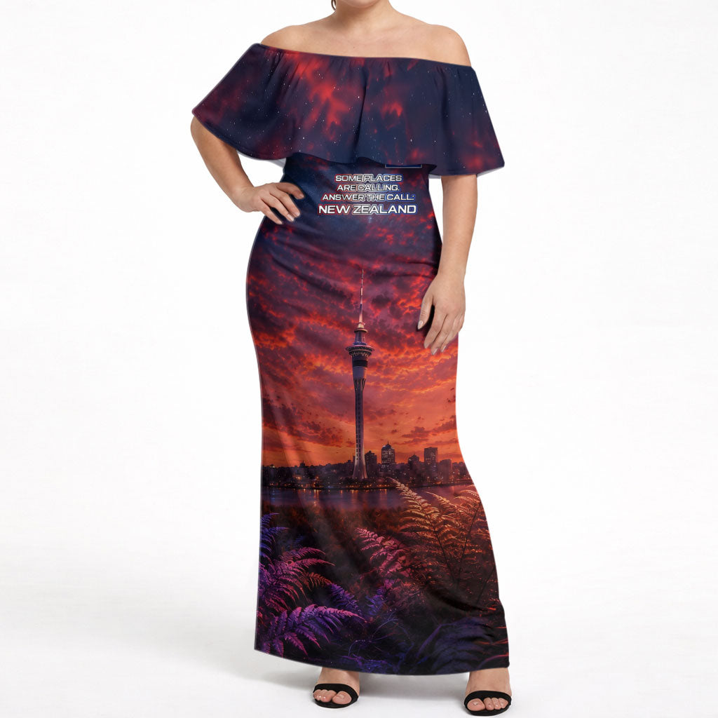 New Zealand Aotearoa Kiwi UFO Off Shoulder Maxi Dress Sci-Fi Galaxy Sunset Sky Tower And Mountain TS04 Women Blue Red - Polynesian Pride