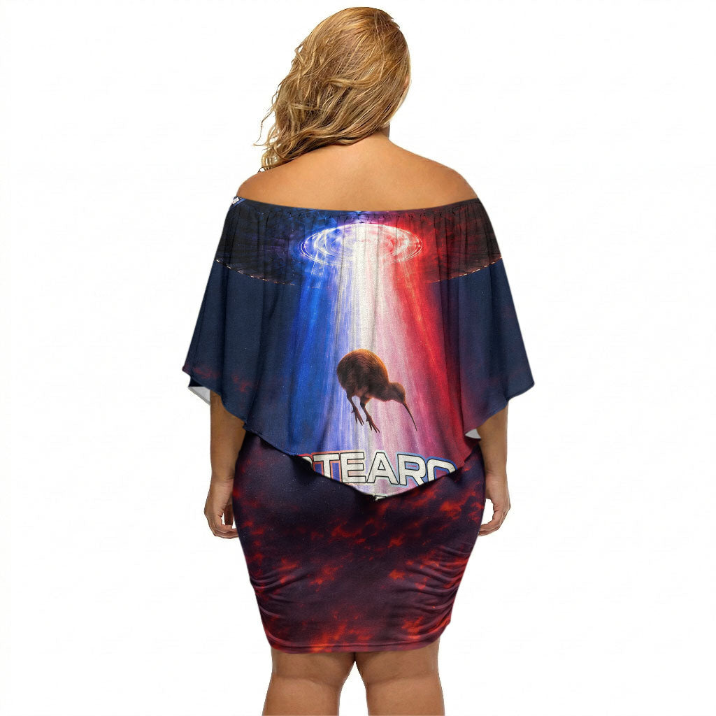 New Zealand Aotearoa Kiwi UFO Off Shoulder Short Dress Sci-Fi Galaxy Sunset Sky Tower And Mountain TS04 - Polynesian Pride