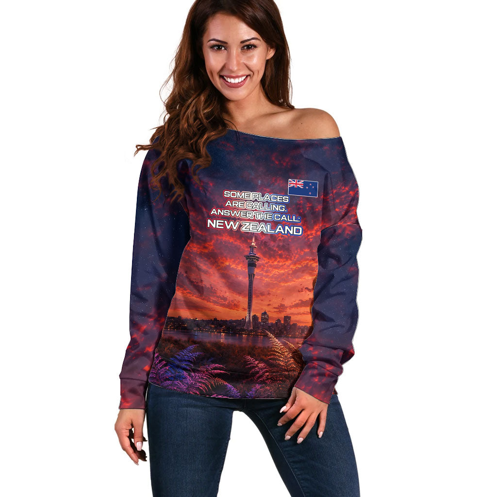New Zealand Aotearoa Kiwi UFO Off Shoulder Sweater Sci-Fi Galaxy Sunset Sky Tower And Mountain TS04 Women Blue Red - Polynesian Pride