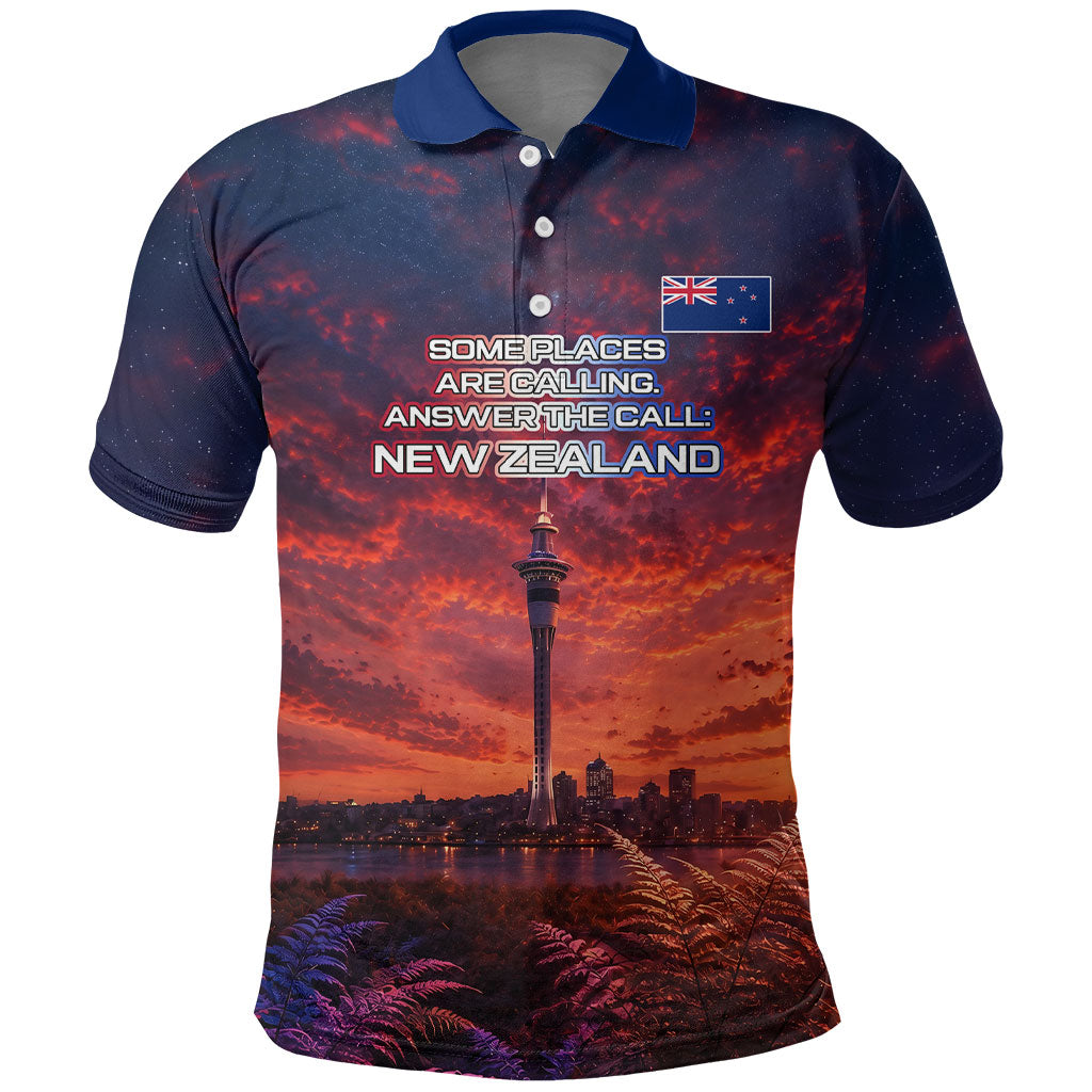 New Zealand Aotearoa Kiwi UFO Polo Shirt Sci-Fi Galaxy Sunset Sky Tower And Mountain TS04 Blue Red - Polynesian Pride