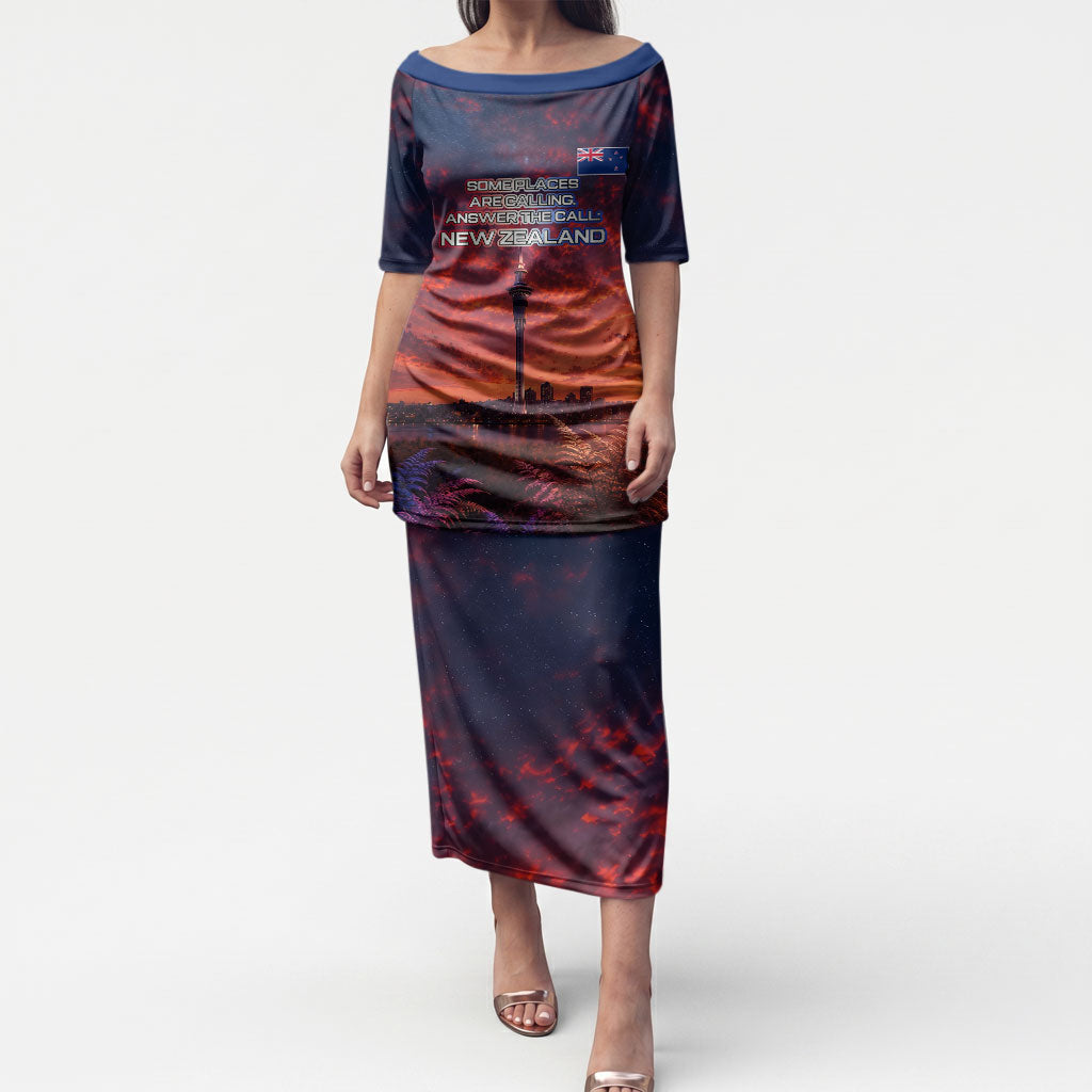 New Zealand Aotearoa Kiwi UFO Puletasi Sci-Fi Galaxy Sunset Sky Tower And Mountain TS04 Long Dress Blue Red - Polynesian Pride
