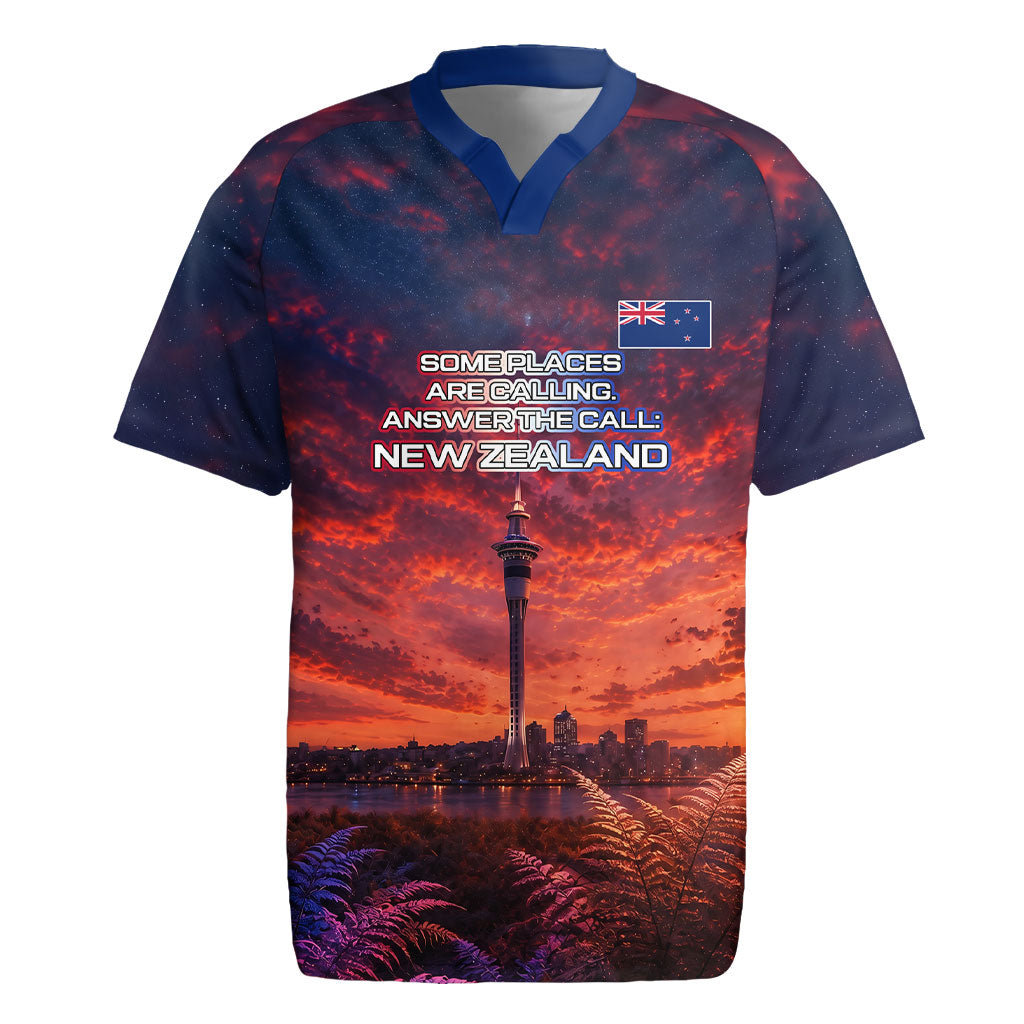 New Zealand Aotearoa Kiwi UFO Rugby Jersey Sci-Fi Galaxy Sunset Sky Tower And Mountain TS04 Blue Red - Polynesian Pride