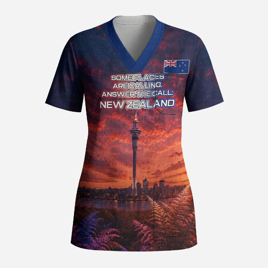 New Zealand Aotearoa Kiwi UFO Scrub Top Sci-Fi Galaxy Sunset Sky Tower And Mountain TS04 Adult Blue Red - Polynesian Pride