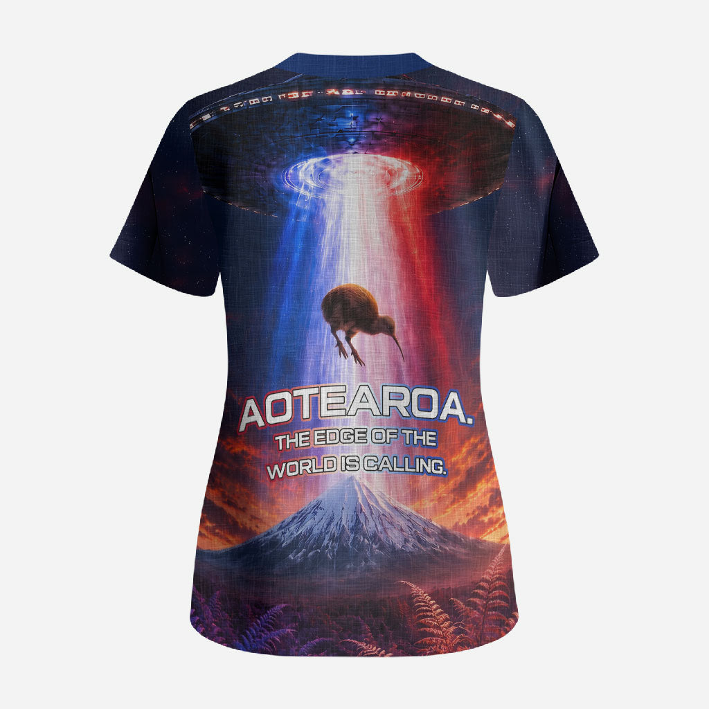 New Zealand Aotearoa Kiwi UFO Scrub Top Sci-Fi Galaxy Sunset Sky Tower And Mountain TS04 - Polynesian Pride