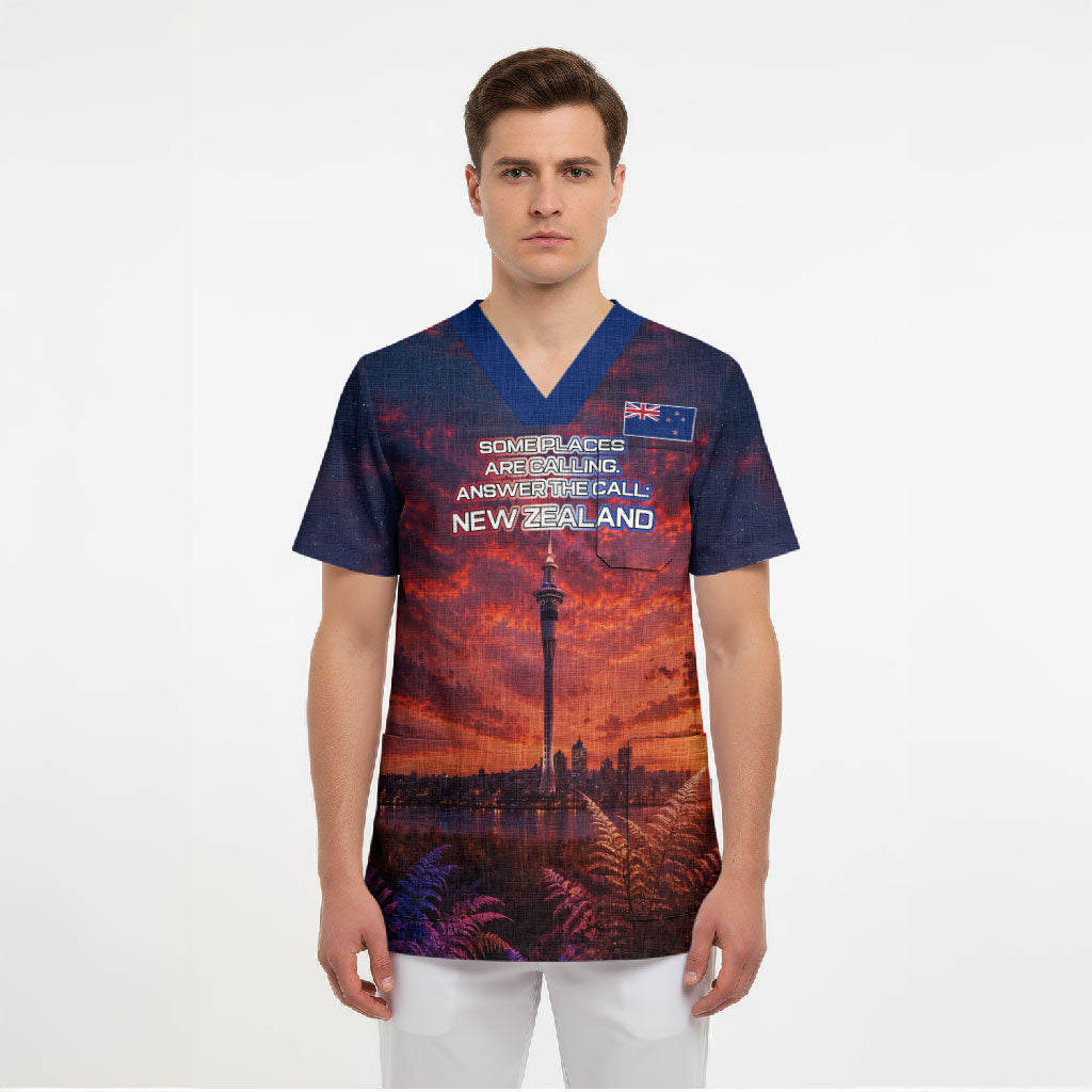 New Zealand Aotearoa Kiwi UFO Scrub Top Sci-Fi Galaxy Sunset Sky Tower And Mountain TS04 - Polynesian Pride