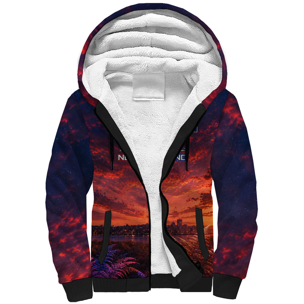 New Zealand Aotearoa Kiwi UFO Sherpa Hoodie Sci-Fi Galaxy Sunset Sky Tower And Mountain TS04 Unisex Blue Red - Polynesian Pride