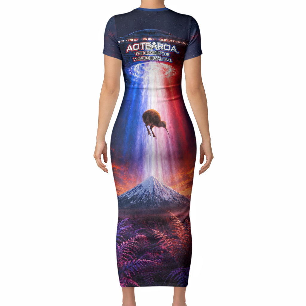 New Zealand Aotearoa Kiwi UFO Short Sleeve Bodycon Dress Sci-Fi Galaxy Sunset Sky Tower And Mountain TS04 - Polynesian Pride