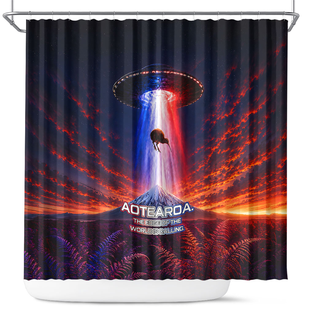 New Zealand Aotearoa Kiwi UFO Shower Curtain Sci-Fi Galaxy Sunset Sky Tower And Mountain TS04 Blue Red - Polynesian Pride
