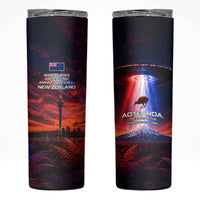 New Zealand Aotearoa Kiwi UFO Skinny Tumbler Sci-Fi Galaxy Sunset Sky Tower And Mountain TS04 Blue Red - Polynesian Pride