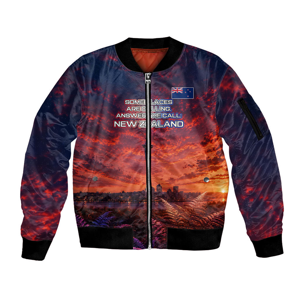 New Zealand Aotearoa Kiwi UFO Sleeve Zip Bomber Jacket Sci-Fi Galaxy Sunset Sky Tower And Mountain TS04 Unisex Blue Red - Polynesian Pride