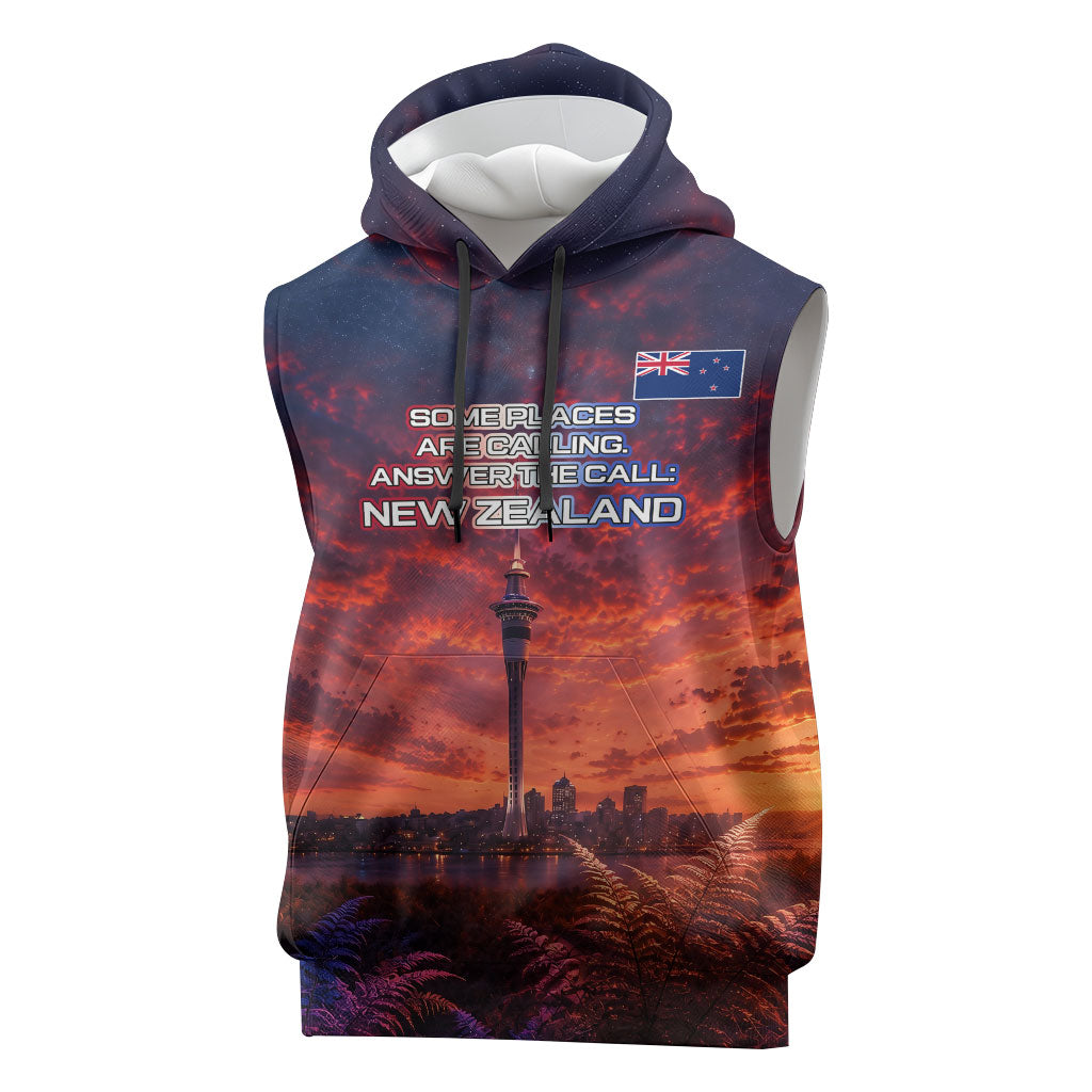 New Zealand Aotearoa Kiwi UFO Sleeveless Hoodie Sci-Fi Galaxy Sunset Sky Tower And Mountain TS04 Blue Red - Polynesian Pride