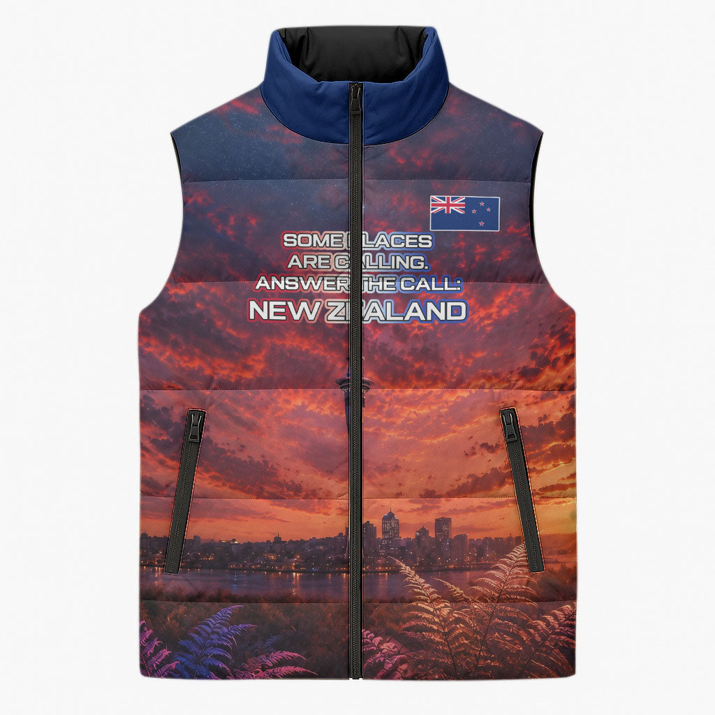 New Zealand Aotearoa Kiwi UFO Sleeveless Puffer Jacket Sci-Fi Galaxy Sunset Sky Tower And Mountain TS04 Unisex Blue Red - Polynesian Pride