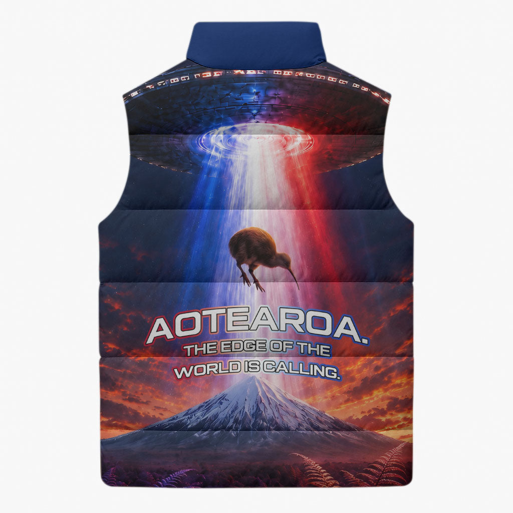 New Zealand Aotearoa Kiwi UFO Sleeveless Puffer Jacket Sci-Fi Galaxy Sunset Sky Tower And Mountain TS04 - Polynesian Pride