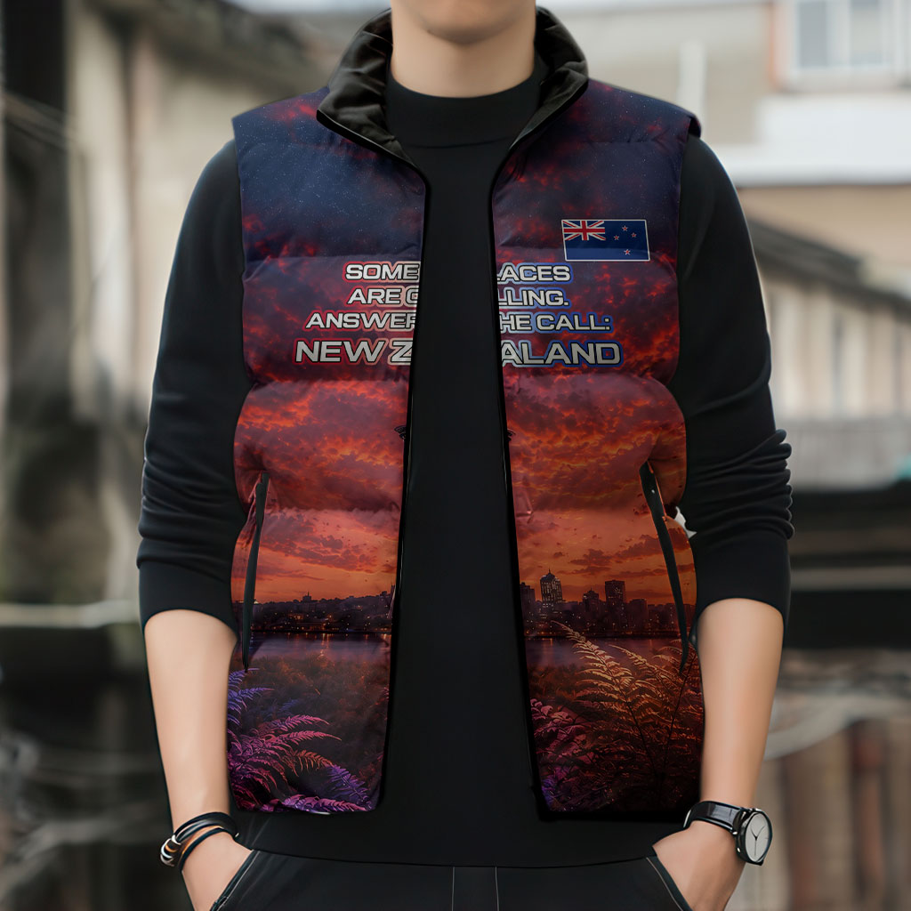 New Zealand Aotearoa Kiwi UFO Sleeveless Puffer Jacket Sci-Fi Galaxy Sunset Sky Tower And Mountain TS04 - Polynesian Pride