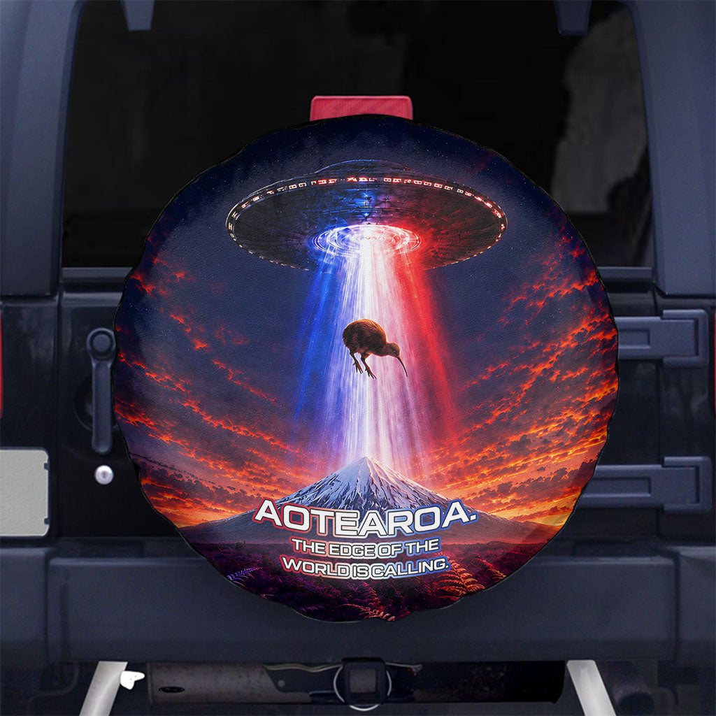 New Zealand Aotearoa Kiwi UFO Spare Tire Cover Sci-Fi Galaxy Sunset Sky Tower And Mountain TS04 No hole Blue Red - Polynesian Pride