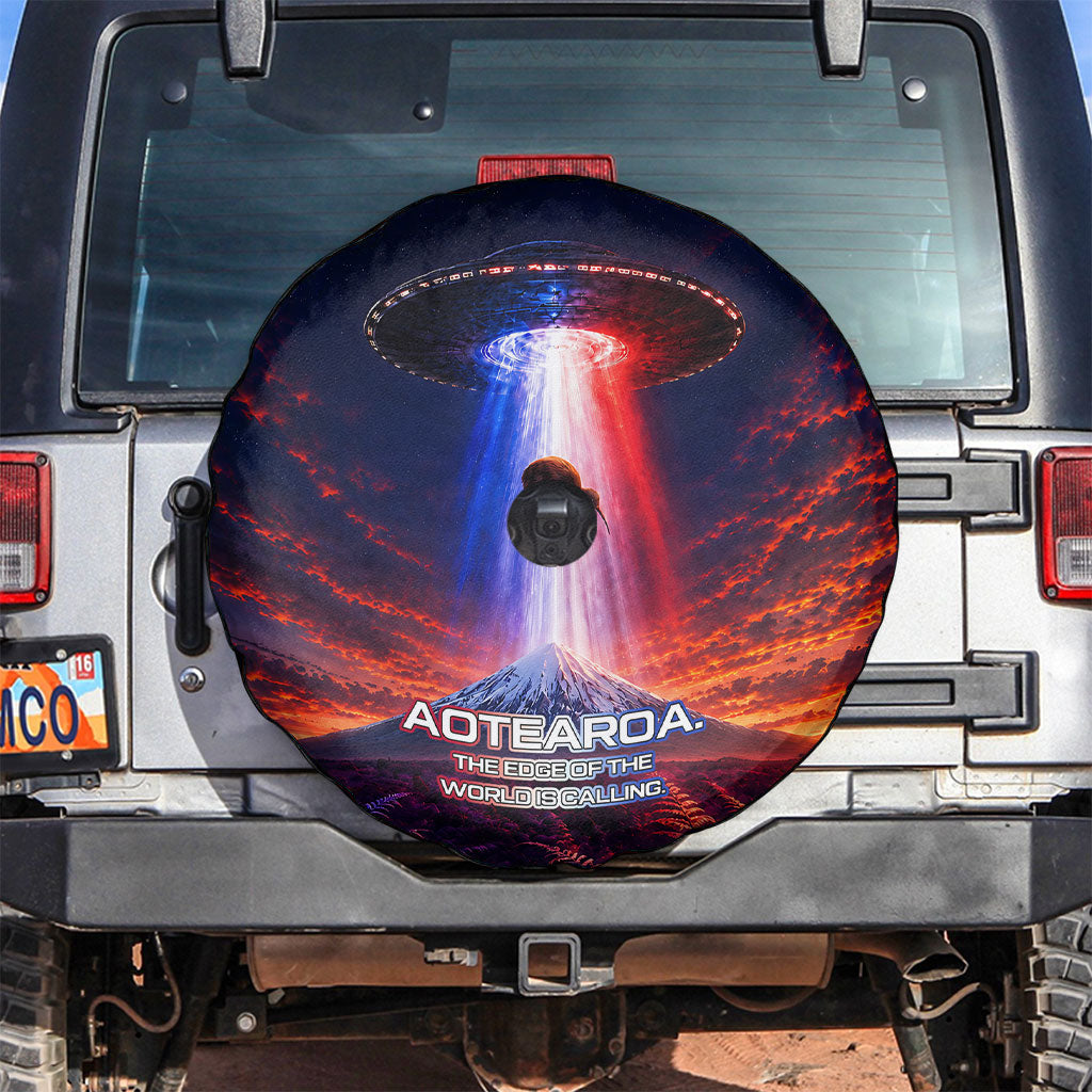 New Zealand Aotearoa Kiwi UFO Spare Tire Cover Sci-Fi Galaxy Sunset Sky Tower And Mountain TS04 Blue Red - Polynesian Pride