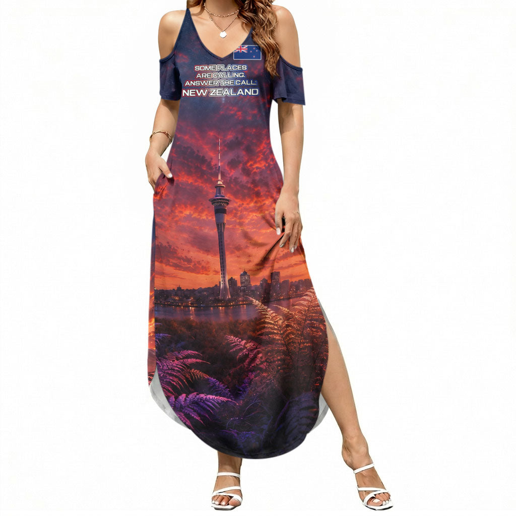New Zealand Aotearoa Kiwi UFO Summer Maxi Dress Sci-Fi Galaxy Sunset Sky Tower And Mountain TS04 Women Blue Red - Polynesian Pride