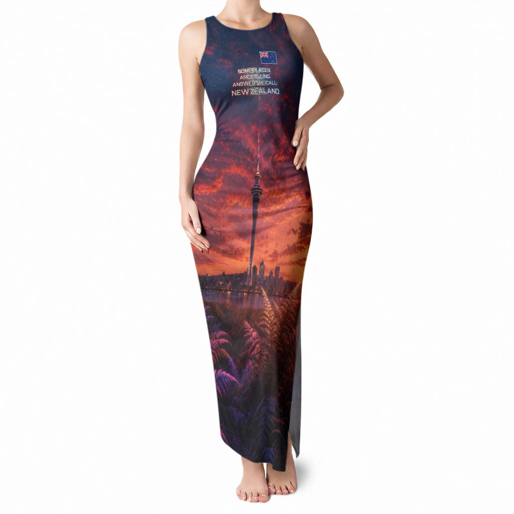 New Zealand Aotearoa Kiwi UFO Tank Maxi Dress Sci-Fi Galaxy Sunset Sky Tower And Mountain TS04 Women Blue Red - Polynesian Pride