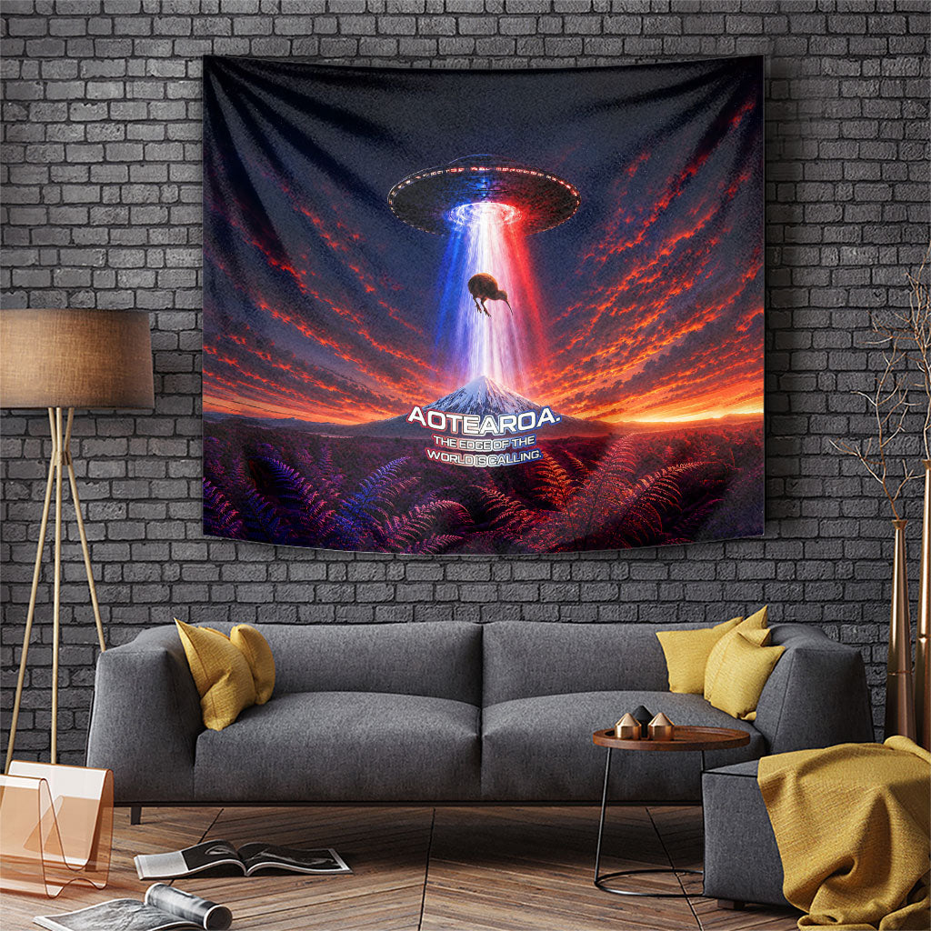 New Zealand Aotearoa Kiwi UFO Tapestry Sci-Fi Galaxy Sunset Sky Tower And Mountain TS04 Blue Red - Polynesian Pride
