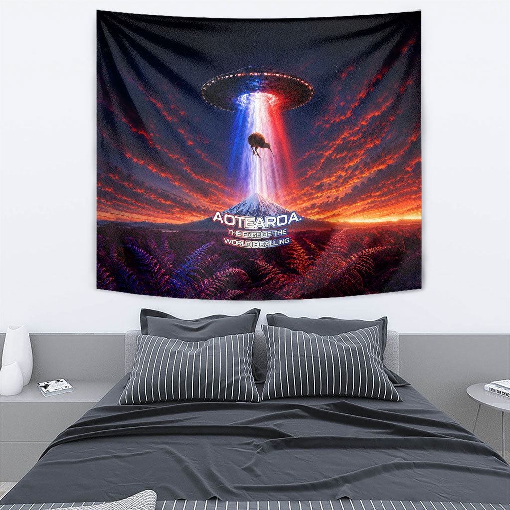 New Zealand Aotearoa Kiwi UFO Tapestry Sci-Fi Galaxy Sunset Sky Tower And Mountain TS04 - Polynesian Pride
