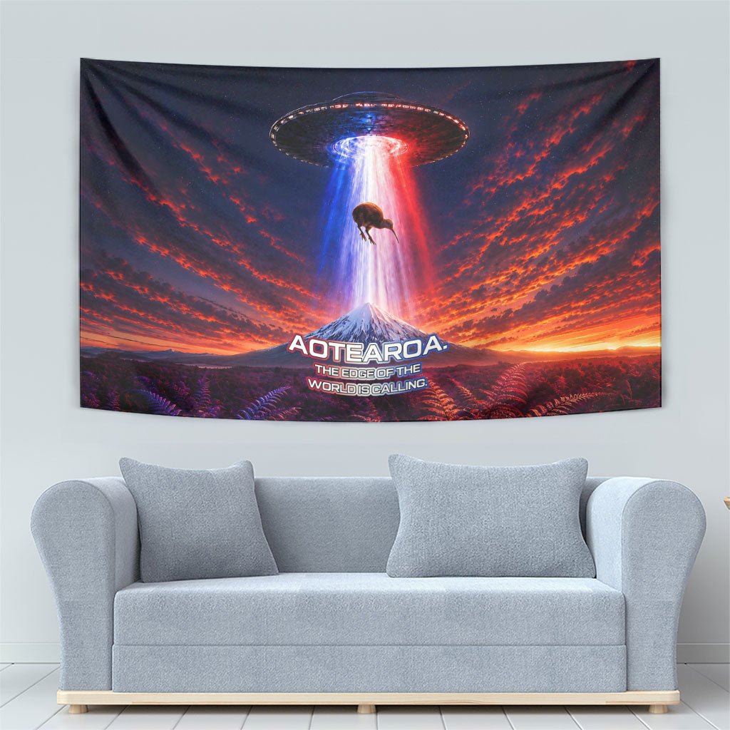 New Zealand Aotearoa Kiwi UFO Tapestry Sci-Fi Galaxy Sunset Sky Tower And Mountain TS04 - Polynesian Pride