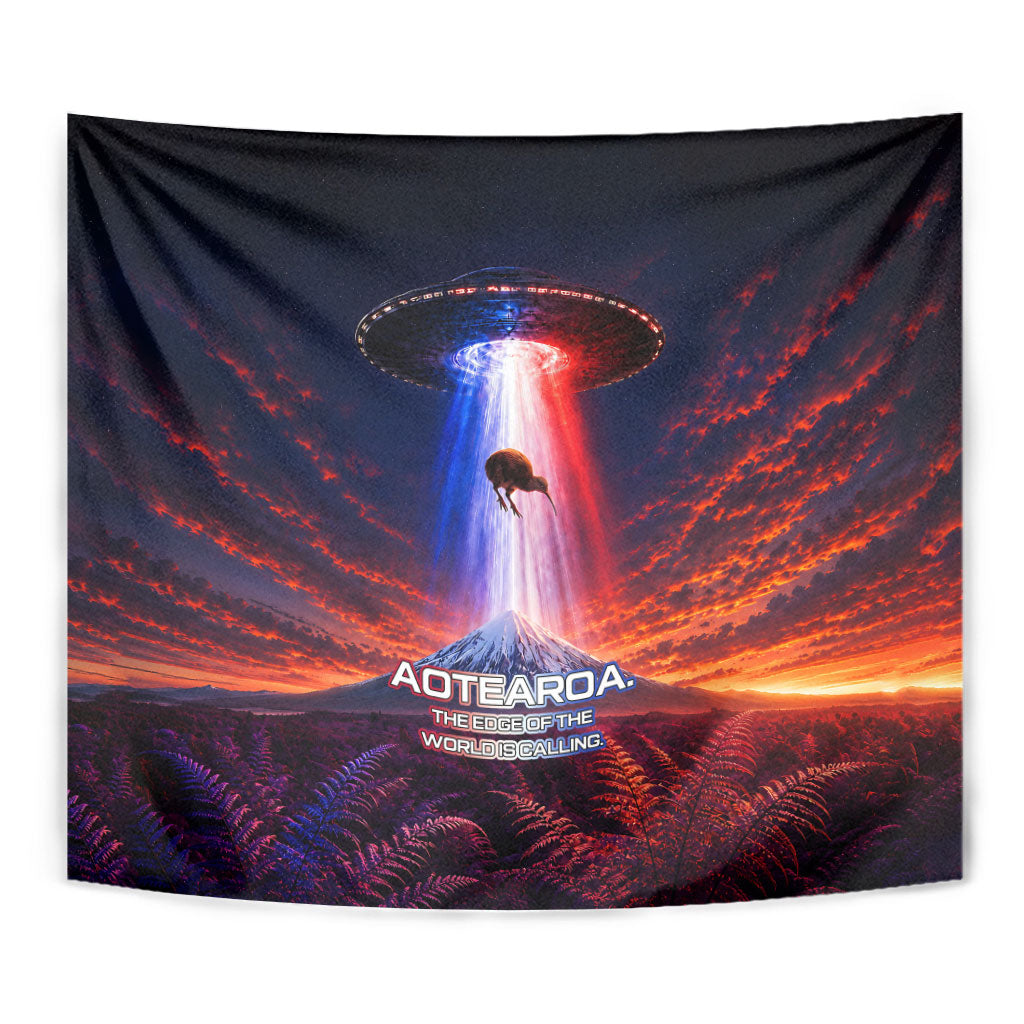 New Zealand Aotearoa Kiwi UFO Tapestry Sci-Fi Galaxy Sunset Sky Tower And Mountain TS04 - Polynesian Pride