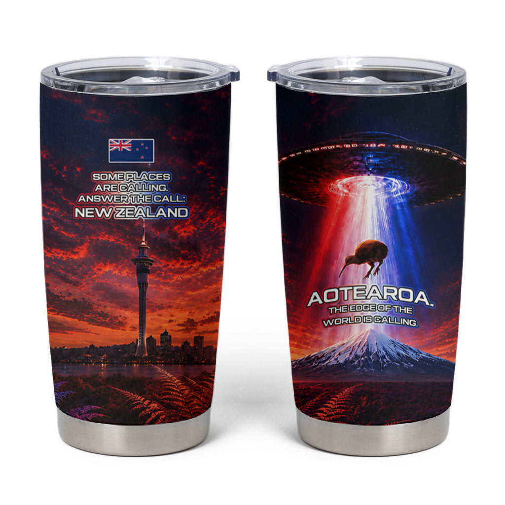 New Zealand Aotearoa Kiwi UFO Tumbler Cup Sci-Fi Galaxy Sunset Sky Tower And Mountain TS04 Blue Red - Polynesian Pride