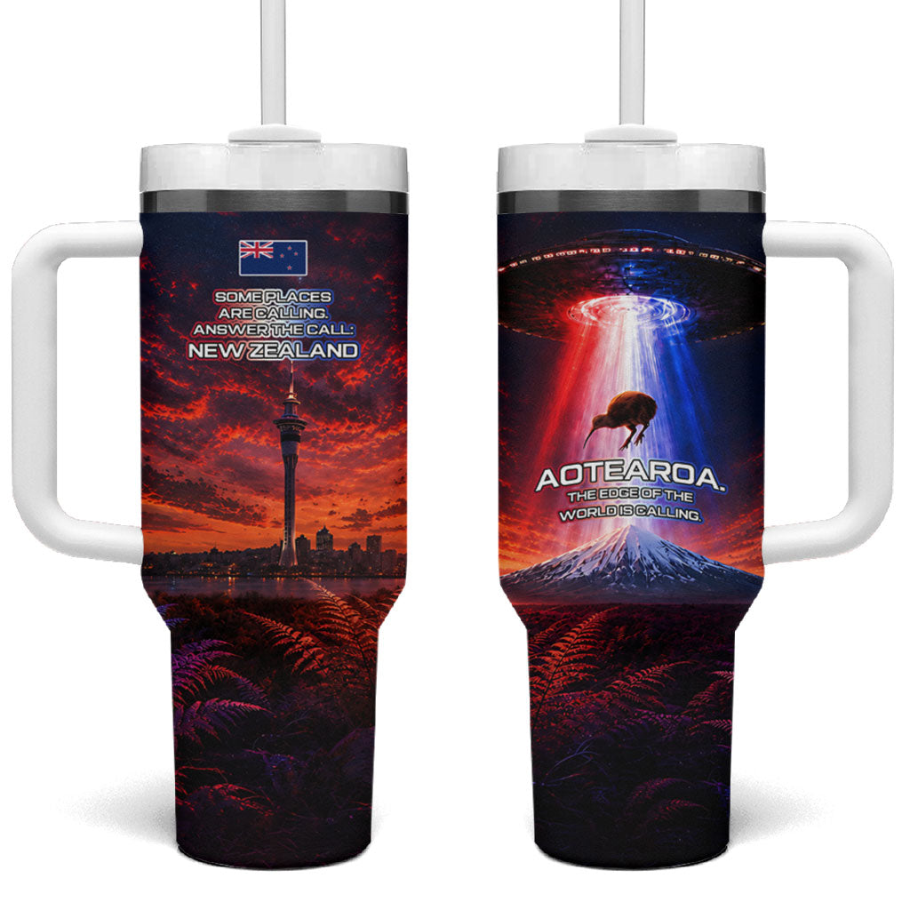 New Zealand Aotearoa Kiwi UFO Tumbler With Handle Sci-Fi Galaxy Sunset Sky Tower And Mountain TS04 One Size: 40 oz Blue Red - Polynesian Pride
