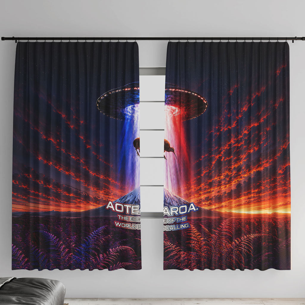 New Zealand Aotearoa Kiwi UFO Window Curtain Sci-Fi Galaxy Sunset Sky Tower And Mountain TS04 With Hooks Blue Red - Polynesian Pride