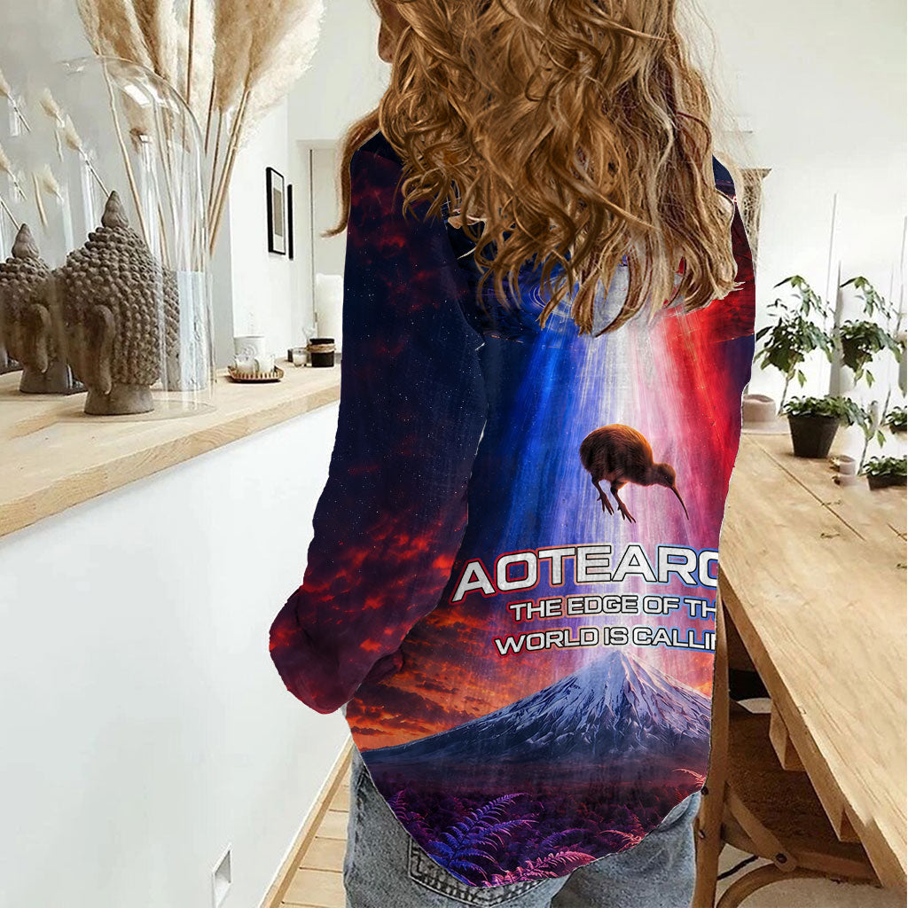 New Zealand Aotearoa Kiwi UFO Women Casual Shirt Sci-Fi Galaxy Sunset Sky Tower And Mountain TS04 - Polynesian Pride
